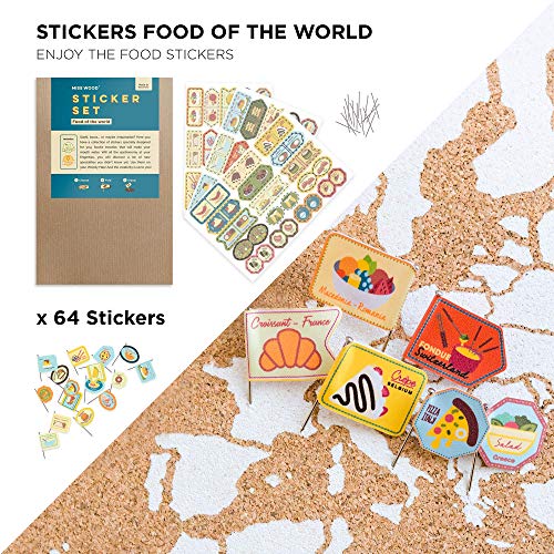 Push Pin Travel Map Kit Includes: Cork World Travel Map, World Flags, Monument and Food Stickers, for Travelers (White, Puzzle M Premium)