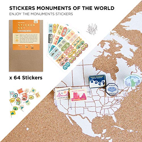 Push Pin Travel Map Kit Includes: Cork World Travel Map, World Flags, Monument and Food Stickers, for Travelers (White, Puzzle M Premium)