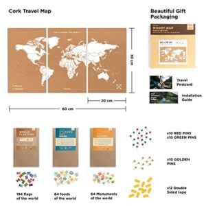 Push Pin Travel Map Kit Includes: Cork World Travel Map, World Flags, Monument and Food Stickers, for Travelers (White, Puzzle M Premium)