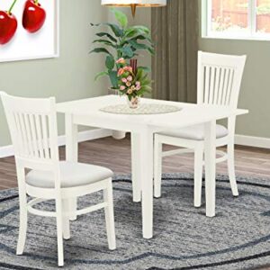 East West Furniture NDVA3-LWH-C Norden 3 Piece Kitchen Table & Chairs Set Contains a Rectangle Dining Room Table with Dropleaf and 2 Fabric Upholstered Chairs, 30x48 Inch, Linen White