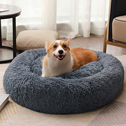 Luciphia Round Dog Cat Bed Donut Cuddler, Faux Fur Plush Pet Cushion for Large Medium Small Dogs, Self-Warming and Cozy for Improved Sleep Dark Grey, Small (20" x20") New