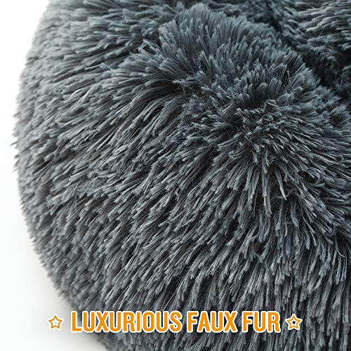 Luciphia Round Dog Cat Bed Donut Cuddler, Faux Fur Plush Pet Cushion for Large Medium Small Dogs, Self-Warming and Cozy for Improved Sleep Dark Grey, Small (20" x20") New