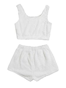 sweatyrocks women's fluffy pajamas set crop tank top with shorts loungewear white s