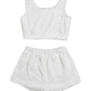 SweatyRocks Women's Fluffy Pajamas Set Crop Tank Top With Shorts Loungewear White S