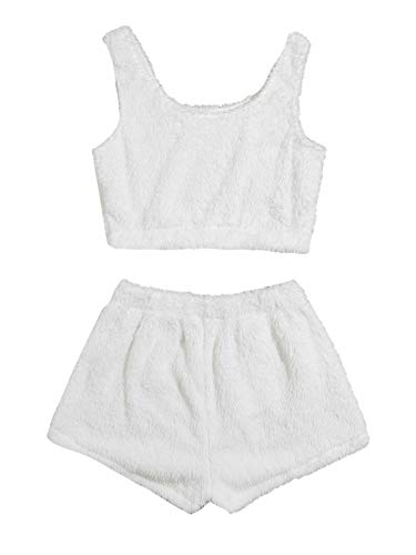 SweatyRocks Women's Fluffy Pajamas Set Crop Tank Top With Shorts Loungewear White S