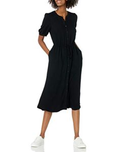 amazon essentials women's relaxed fit half-sleeve waisted midi a-line dress, black, medium