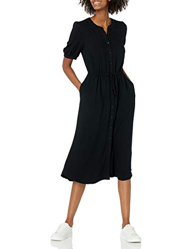 Amazon Essentials Women's Relaxed Fit Half-Sleeve Waisted Midi A-Line Dress, Black, Medium