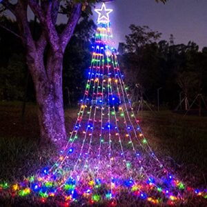 funiao (new) christmas lights, outdoor christmas decorations, 320 led waterfall string lights, 8 light modes chrsitmas lights with 12" star tree topper for yard, wedding, party, new year (multicolor)