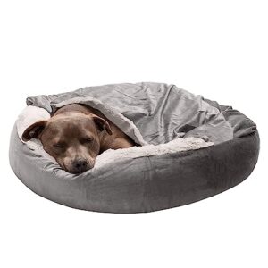furhaven 27" round calming donut dog bed for medium/small dogs, washable, for dogs up to 45 lbs - plush velvet waves hooded donut bed - dark gray, medium