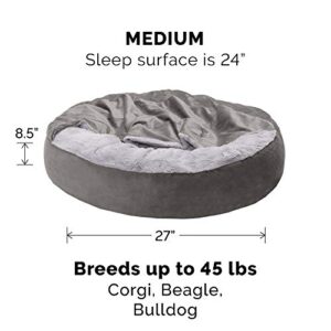 Furhaven 27" Round Calming Donut Dog Bed for Medium/Small Dogs, Washable, For Dogs Up to 45 lbs - Plush Velvet Waves Hooded Donut Bed - Dark Gray, Medium