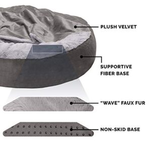 Furhaven 27" Round Calming Donut Dog Bed for Medium/Small Dogs, Washable, For Dogs Up to 45 lbs - Plush Velvet Waves Hooded Donut Bed - Dark Gray, Medium