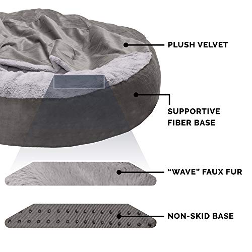 Furhaven 27" Round Calming Donut Dog Bed for Medium/Small Dogs, Washable, For Dogs Up to 45 lbs - Plush Velvet Waves Hooded Donut Bed - Dark Gray, Medium