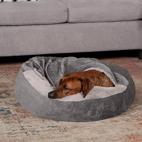 Furhaven 27" Round Calming Donut Dog Bed for Medium/Small Dogs, Washable, For Dogs Up to 45 lbs - Plush Velvet Waves Hooded Donut Bed - Dark Gray, Medium