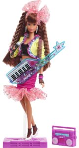 barbie rewind 80s edition dolls’ night out doll (11.5-in brunette) in party look featuring neon jacket, skirt & accessories, with cassette tape doll stand, gift for collectors