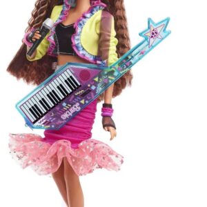 Barbie Rewind 80s Edition Dolls’ Night Out Doll (11.5-in Brunette) in Party Look Featuring Neon Jacket, Skirt & Accessories, with Cassette Tape Doll Stand, Gift for Collectors