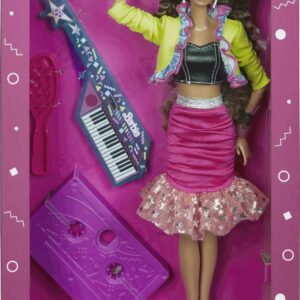 Barbie Rewind 80s Edition Dolls’ Night Out Doll (11.5-in Brunette) in Party Look Featuring Neon Jacket, Skirt & Accessories, with Cassette Tape Doll Stand, Gift for Collectors