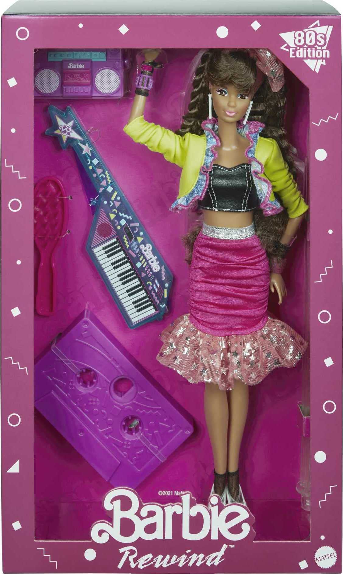 Barbie Rewind 80s Edition Dolls’ Night Out Doll (11.5-in Brunette) in Party Look Featuring Neon Jacket, Skirt & Accessories, with Cassette Tape Doll Stand, Gift for Collectors