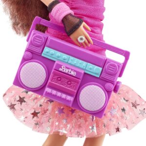 Barbie Rewind 80s Edition Dolls’ Night Out Doll (11.5-in Brunette) in Party Look Featuring Neon Jacket, Skirt & Accessories, with Cassette Tape Doll Stand, Gift for Collectors