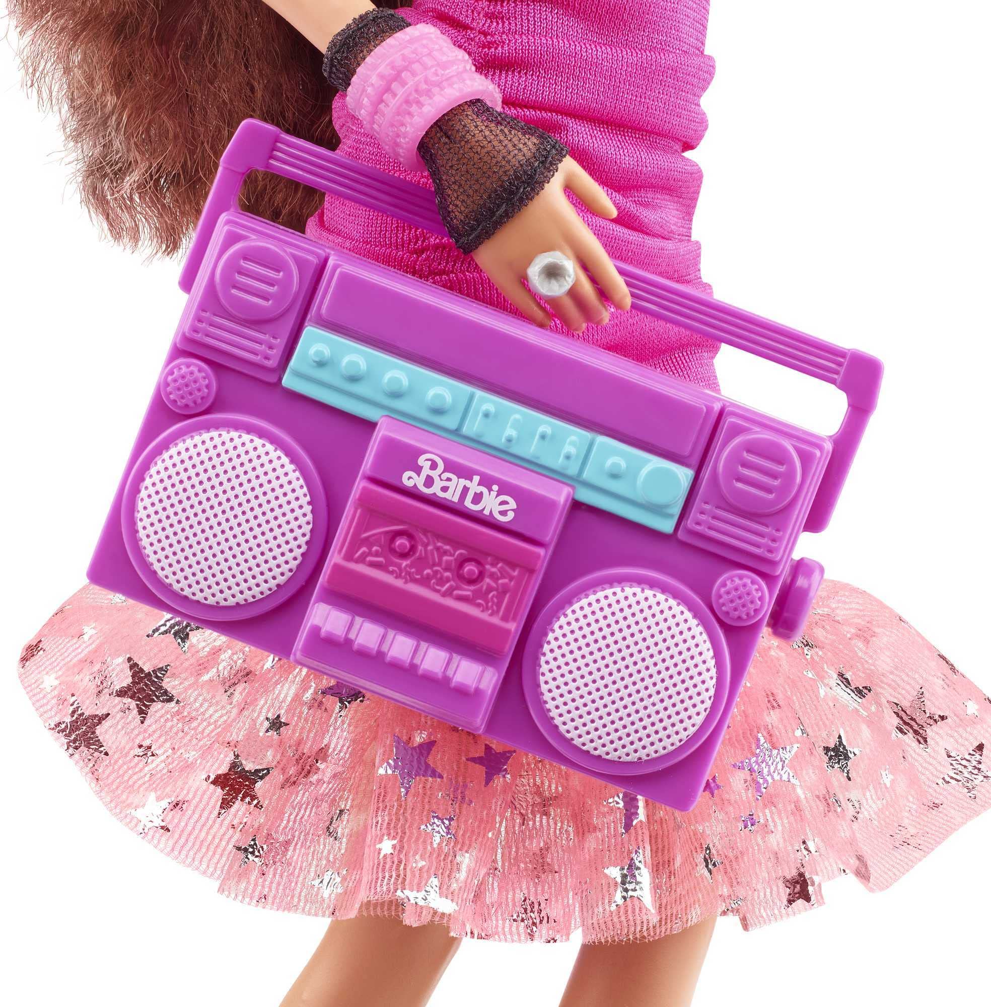 Barbie Rewind 80s Edition Dolls’ Night Out Doll (11.5-in Brunette) in Party Look Featuring Neon Jacket, Skirt & Accessories, with Cassette Tape Doll Stand, Gift for Collectors