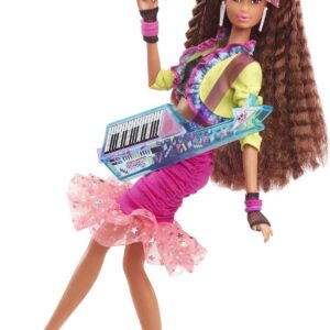 Barbie Rewind 80s Edition Dolls’ Night Out Doll (11.5-in Brunette) in Party Look Featuring Neon Jacket, Skirt & Accessories, with Cassette Tape Doll Stand, Gift for Collectors