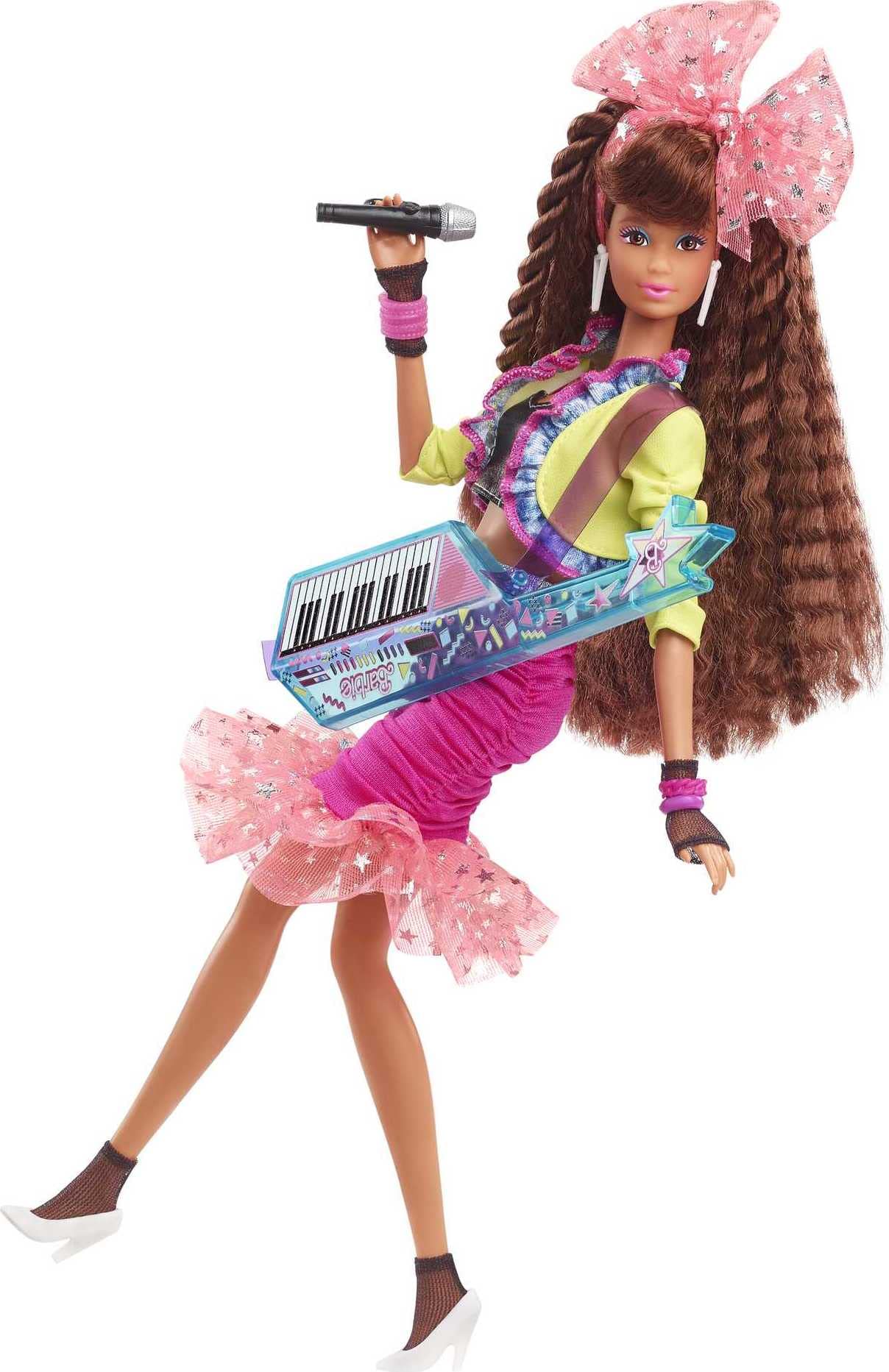 Barbie Rewind 80s Edition Dolls’ Night Out Doll (11.5-in Brunette) in Party Look Featuring Neon Jacket, Skirt & Accessories, with Cassette Tape Doll Stand, Gift for Collectors