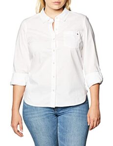 tommy hilfiger women's button down long sleeve collared shirt with chest pocket, bright white, large