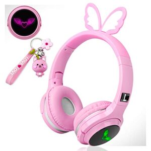 wireless headphones for boys,girls,women,kids,teens pink bluetooth headset for smartphones/iphone/ipad/laptop/pc/tv children over ear gaming headset with mic&led light&foldable (angel wings pink)