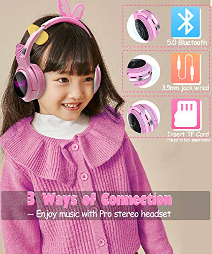 Wireless Headphones for Boys,Girls,Women,Kids,Teens Pink Bluetooth Headset for Smartphones/iPhone/iPad/Laptop/PC/TV Children Over Ear Gaming Headset with Mic&LED Light&Foldable (Angel Wings Pink)