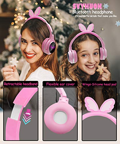 Wireless Headphones for Boys,Girls,Women,Kids,Teens Pink Bluetooth Headset for Smartphones/iPhone/iPad/Laptop/PC/TV Children Over Ear Gaming Headset with Mic&LED Light&Foldable (Angel Wings Pink)