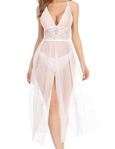 avidlove women lingerie set lace babydoll v neck halter nightwear sleepwear sexy split maxi long gown sheer dress white s
