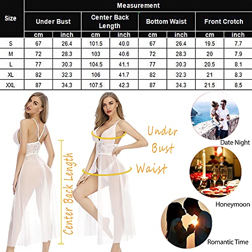 Avidlove Women Lace Babydoll Mesh Sleepwear Elegant Long Gown Sexy Halter Nightwear Split Maxi Lingerie Dress White L