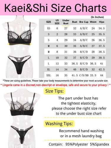 Kaei&Shi Sexy Lingerie for Women,Ruffle 2 Piece Lace Lingerie Set,Underwire Ribbed Bra and Panty Sets Valentine Petite Black Small