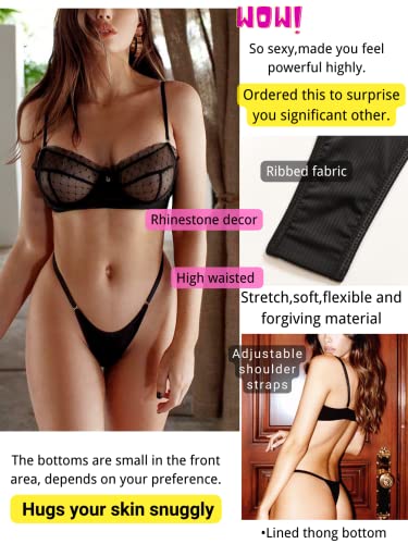 Kaei&Shi Sexy Lingerie for Women,Ruffle 2 Piece Lace Lingerie Set,Underwire Ribbed Bra and Panty Sets Valentine Petite Black Small