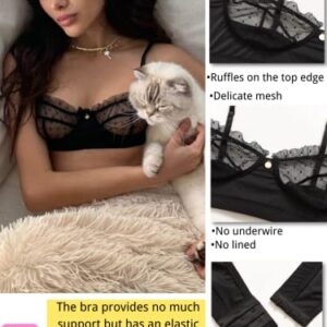 Kaei&Shi Sexy Lingerie for Women,Ruffle 2 Piece Lace Lingerie Set,Underwire Ribbed Bra and Panty Sets Valentine Petite Black Small