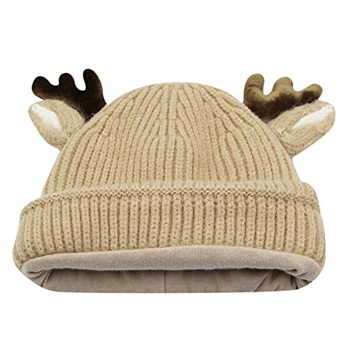 leomoste Baby Beanie Hat Cute Antlers Reindeer Crochet Knitted Hat Winter Warm Cap for Toddler Boys Girls Khaki