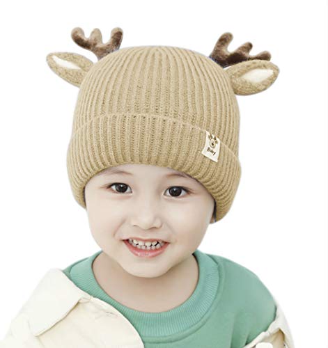 leomoste Baby Beanie Hat Cute Antlers Reindeer Crochet Knitted Hat Winter Warm Cap for Toddler Boys Girls Khaki