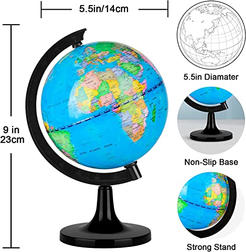 Wizdar 5.5" World Globe for Kids Learning, Educational Rotating World Map Globes Mini Size Decorative Earth Children Globe for Classroom Geography Teaching, Desk & Office Decoration-5.5 inch