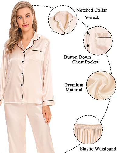 SWOMOG Women's Satin Pajamas 4 Pcs Pajama Set Cami Short Set and Long Sleeve Button Down Pj Sets Champagne