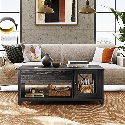 WLIVE Coffee Table for Living Room,Lift Top Coffee Table with Storage,Hidden Compartment and Metal Mesh Door Cabinet,Black,Wood