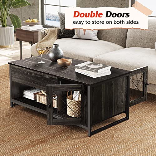 WLIVE Coffee Table for Living Room,Lift Top Coffee Table with Storage,Hidden Compartment and Metal Mesh Door Cabinet,Black,Wood