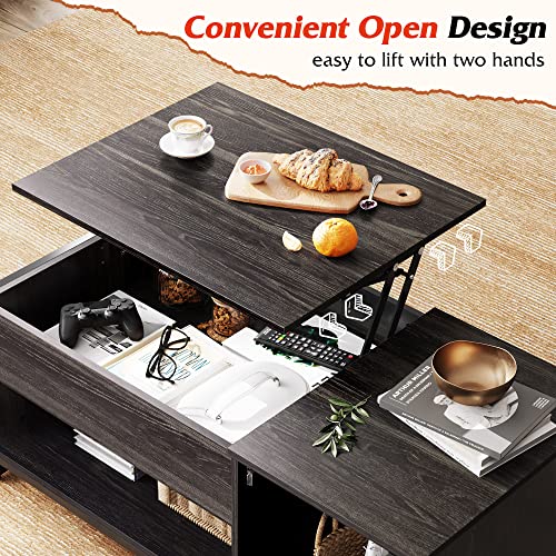 WLIVE Coffee Table for Living Room,Lift Top Coffee Table with Storage,Hidden Compartment and Metal Mesh Door Cabinet,Black,Wood