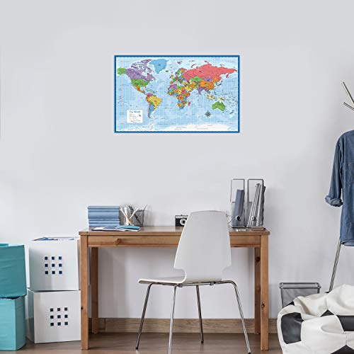 3 Pack - World & USA Maps + Solar System Poster Set [BLUE] (LAMINATED, 18" x 29")