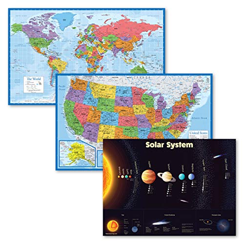 3 Pack - World & USA Maps + Solar System Poster Set [BLUE] (LAMINATED, 18" x 29")