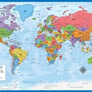 3 Pack - World & USA Maps + Solar System Poster Set [BLUE] (LAMINATED, 18" x 29")