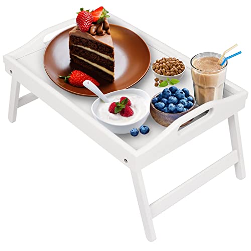 Bed Tray Table Folding Legs with Handles Breakfast Food Tray for Sofa,Bed,Eating,Drawing,Platters Serving Lap Desk Snack Tray (White Medium)