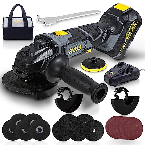 RIDA Cordless Angle Grinder Kit 20V 4 1/2 Inch 10000RPM 6 Speed Options 4.0Ah Battery & Fast Charger, Adjustable Handle Grinder for Cutting and Grinding Stone and Metal with 22Pcs Accessories