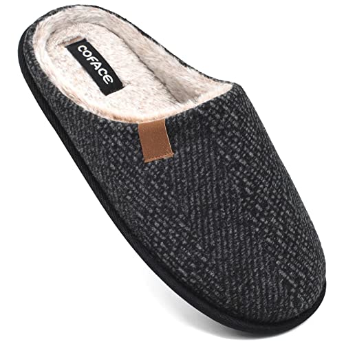 COFACE Mens Black Woolen Cozy Memory Foam Scuff Slippers Slip On Warm House Shoes Indoor/Outdoor with Best Arch Surpport