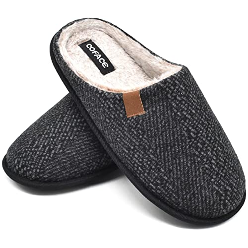 COFACE Mens Black Woolen Cozy Memory Foam Scuff Slippers Slip On Warm House Shoes Indoor/Outdoor with Best Arch Surpport