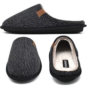 COFACE Mens Black Woolen Cozy Memory Foam Scuff Slippers Slip On Warm House Shoes Indoor/Outdoor with Best Arch Surpport