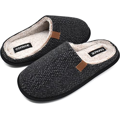 COFACE Mens Black Woolen Cozy Memory Foam Scuff Slippers Slip On Warm House Shoes Indoor/Outdoor with Best Arch Surpport